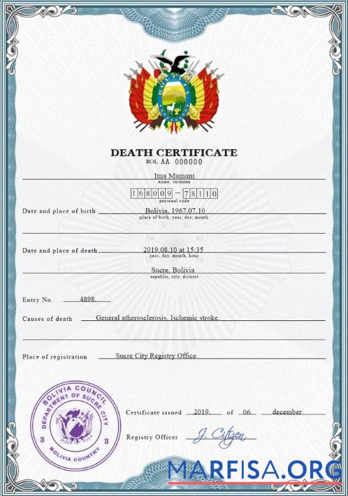 Realistic Bolivia death certificate PSD template
